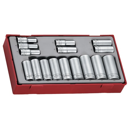 Teng Tools 16 Piece 3/8 Inch Drive 12 Point Metric Deep Chrome Vanadium Socket Set TT381612